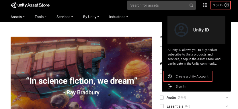 单击 **Sign In** 时将显示 Unity ID 登录提示,并有另一个指向 **Create a Unity Account** 的链接。