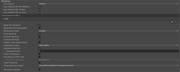 Rendering Player settings for Standalone platforms